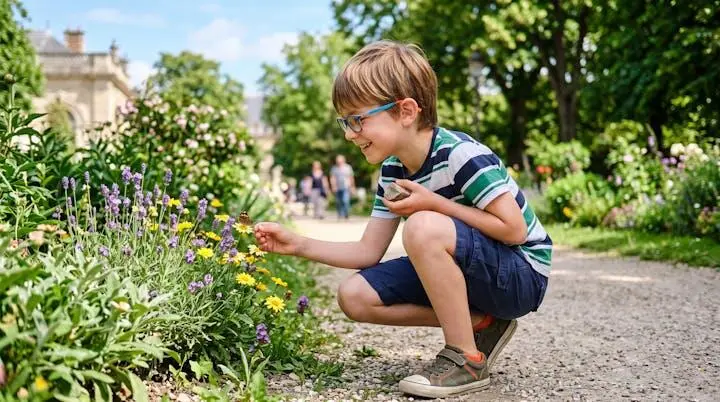 Enfant portant des lunettes de correction optique jouant à l'extérieur en pleine lumière naturelle dans un parc