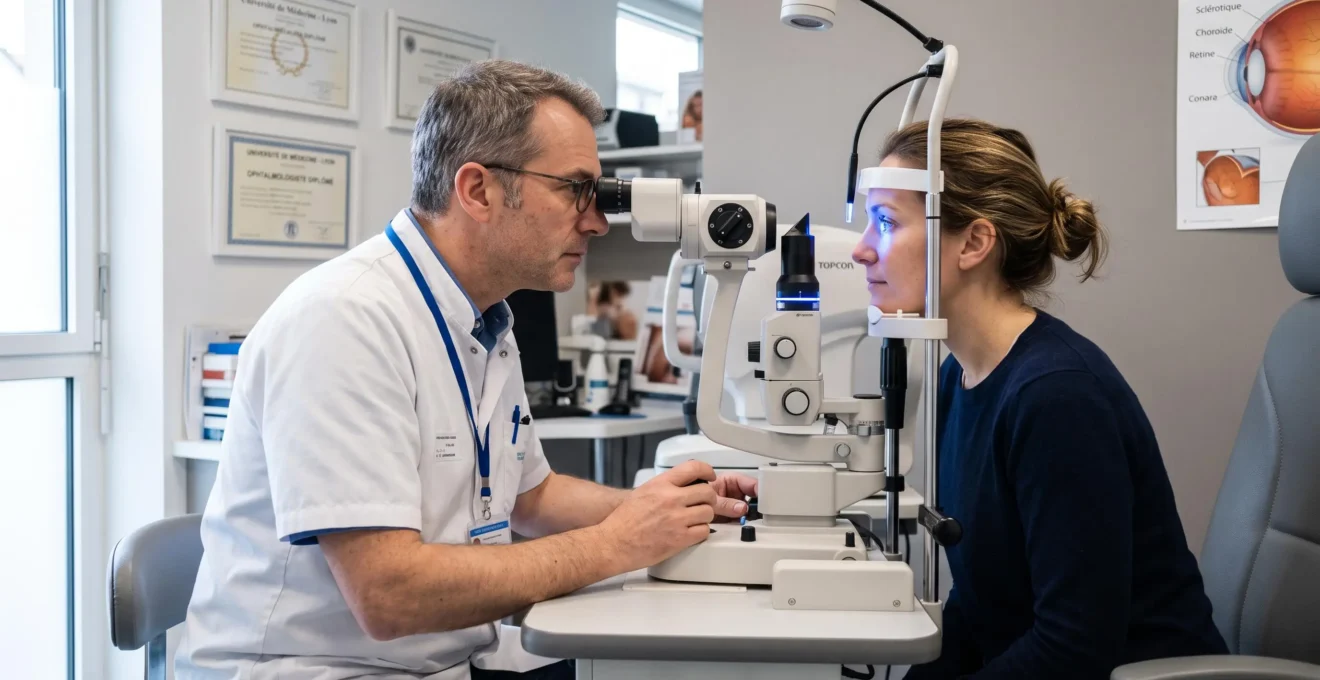 Ophtalmologue examinant un patient adulte à l'aide d'une lampe à fente dans un cabinet médical moderne en France