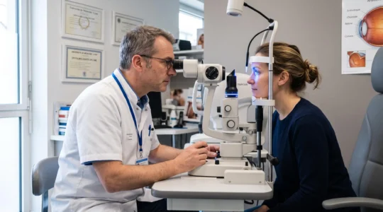 Ophtalmologue examinant un patient adulte à l'aide d'une lampe à fente dans un cabinet médical moderne en France