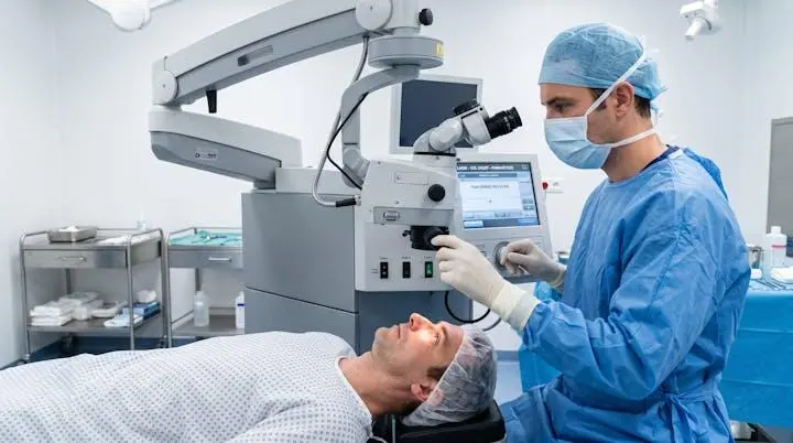 Salle d'opération de chirurgie réfractive au laser avec équipement ophtalmologique moderne et chirurgien en tenue stérile