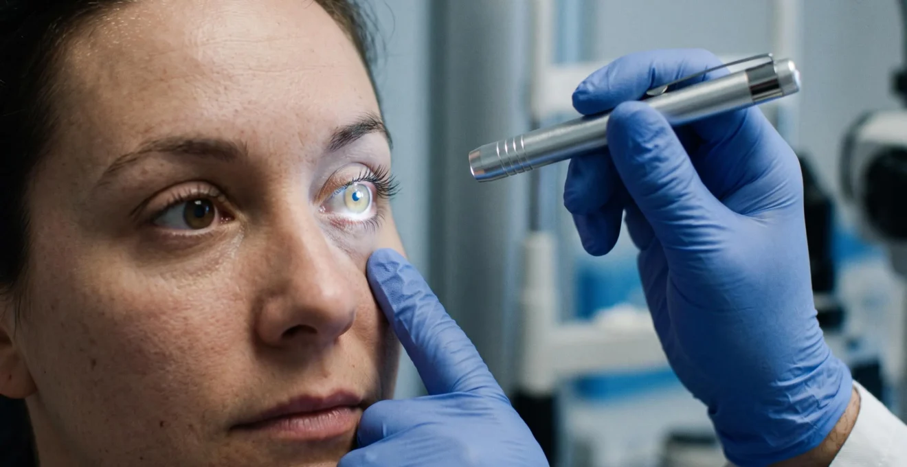 Gros plan sur un examen rapproché de la cornée d'un patient avec une lumière penlight