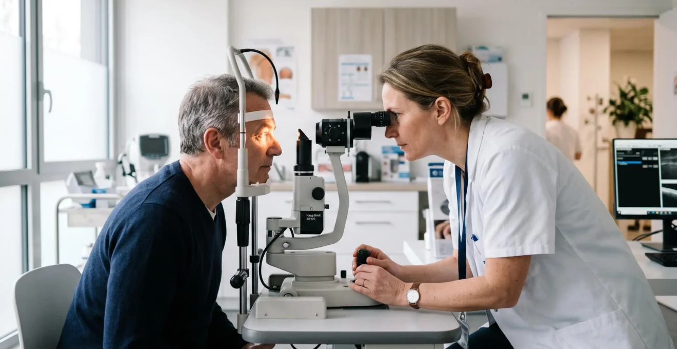 Ophtalmologue examinant l'œil d'un patient au lampe à fente dans un cabinet en France