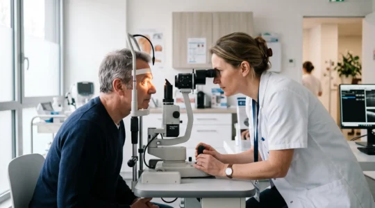Ophtalmologue examinant l'œil d'un patient au lampe à fente dans un cabinet en France