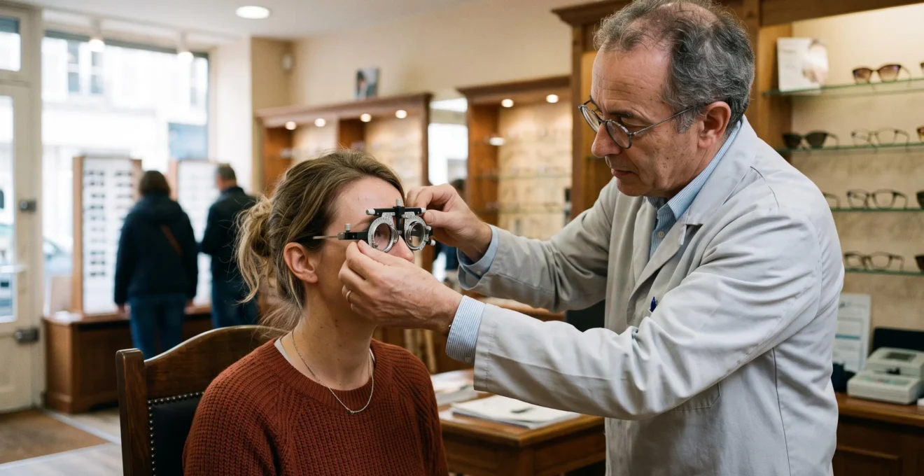 Opticien ajustant une monture d'essai sur le visage d'une patiente dans un magasin d'optique