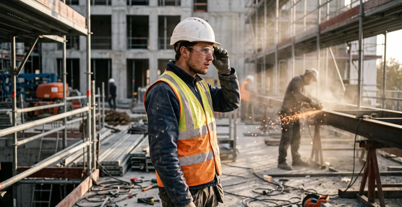 Ouvrier du bâtiment mettant des lunettes de protection sur un chantier en France